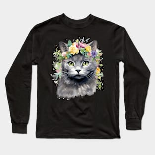 British Shorthair Cat Flowers Water Color Cat Mom Mother's Day Gift Long Sleeve T-Shirt